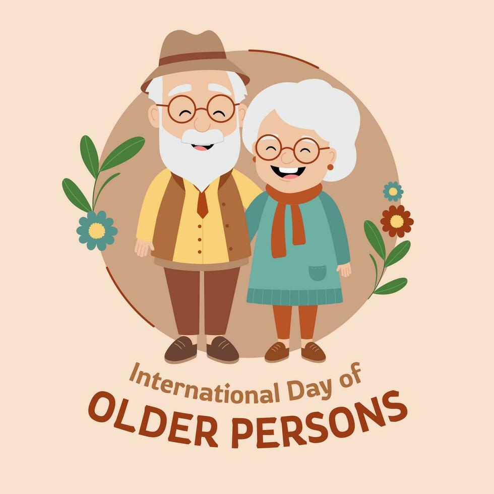 International Day of Older Persons. Holiday design with cute older couple for banner, poster, card. Elderly man and woman hugging each other. Vector flat illustration on beige background