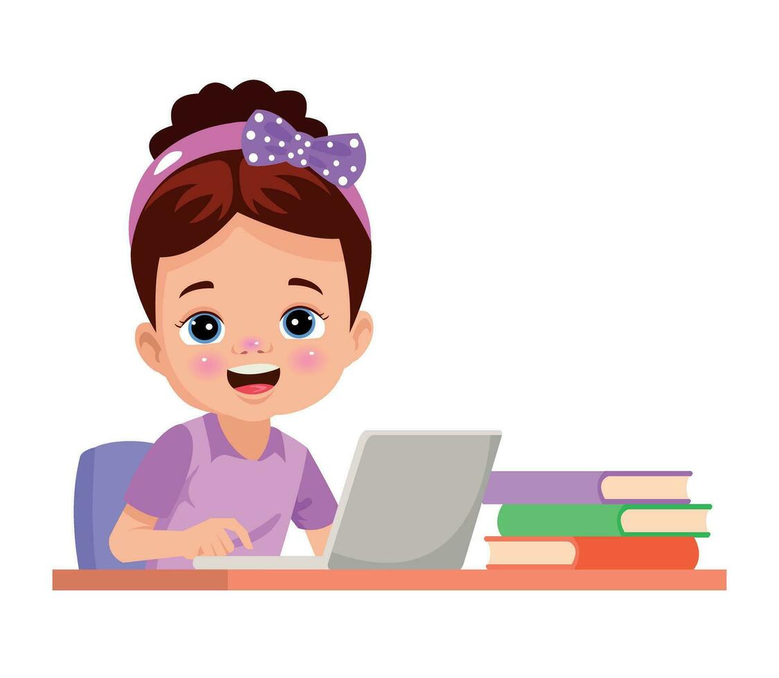 cute little kid use computer to study internet vector