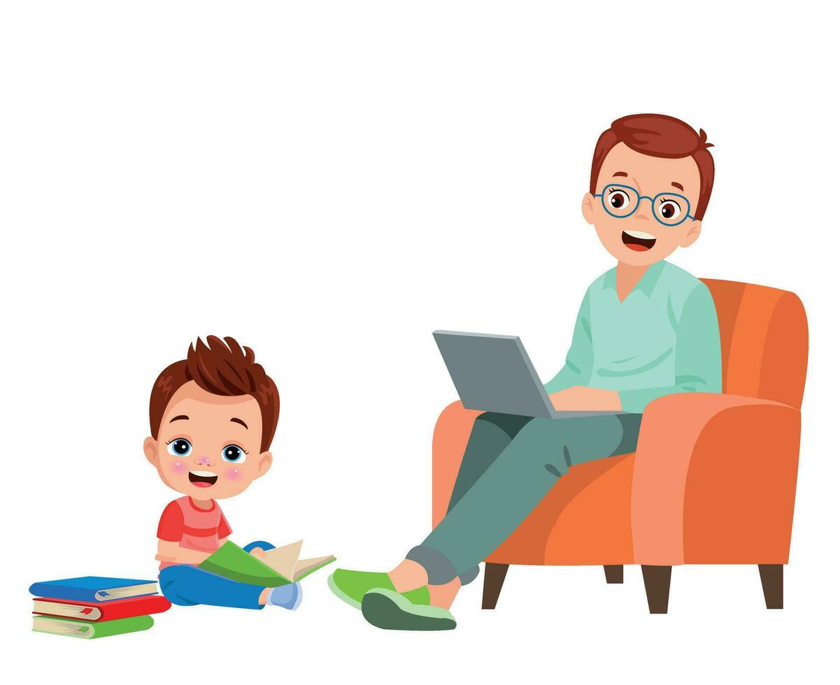 father and cute boy working with computer vector