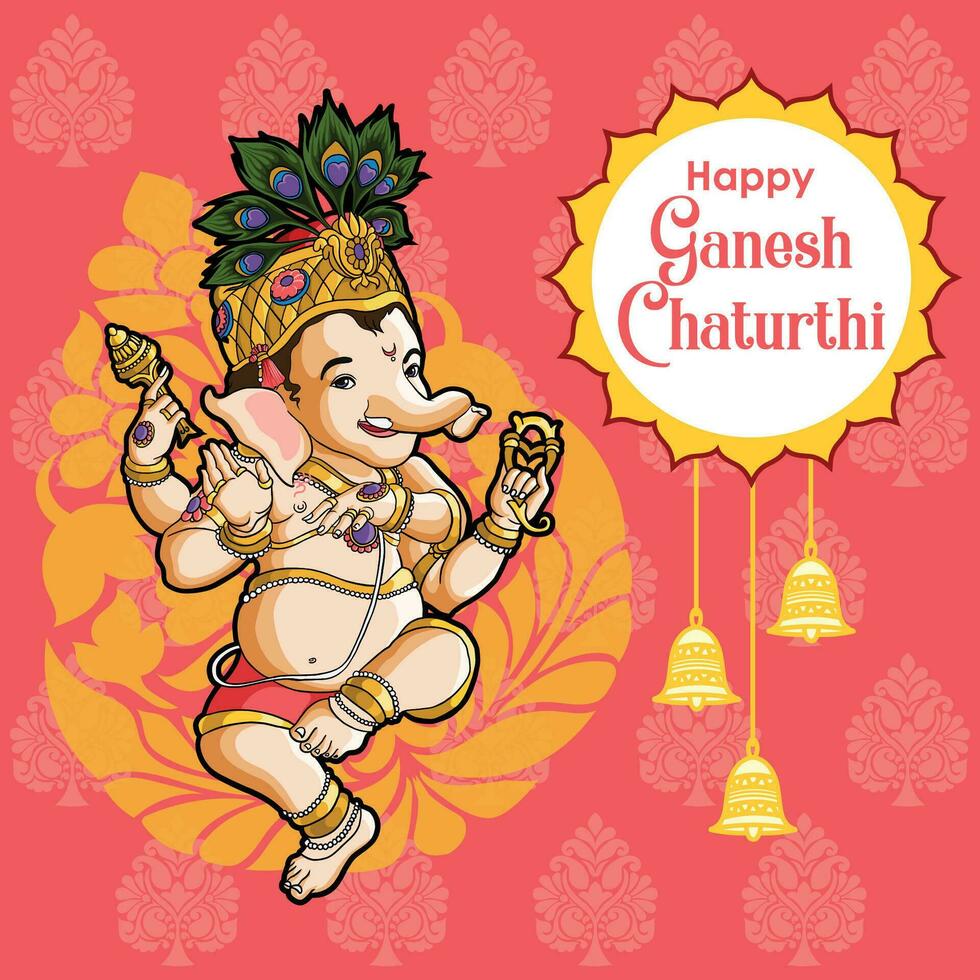 bailando bebé ganesha en ganesh chaturthi saludos con ornamental diseños vector