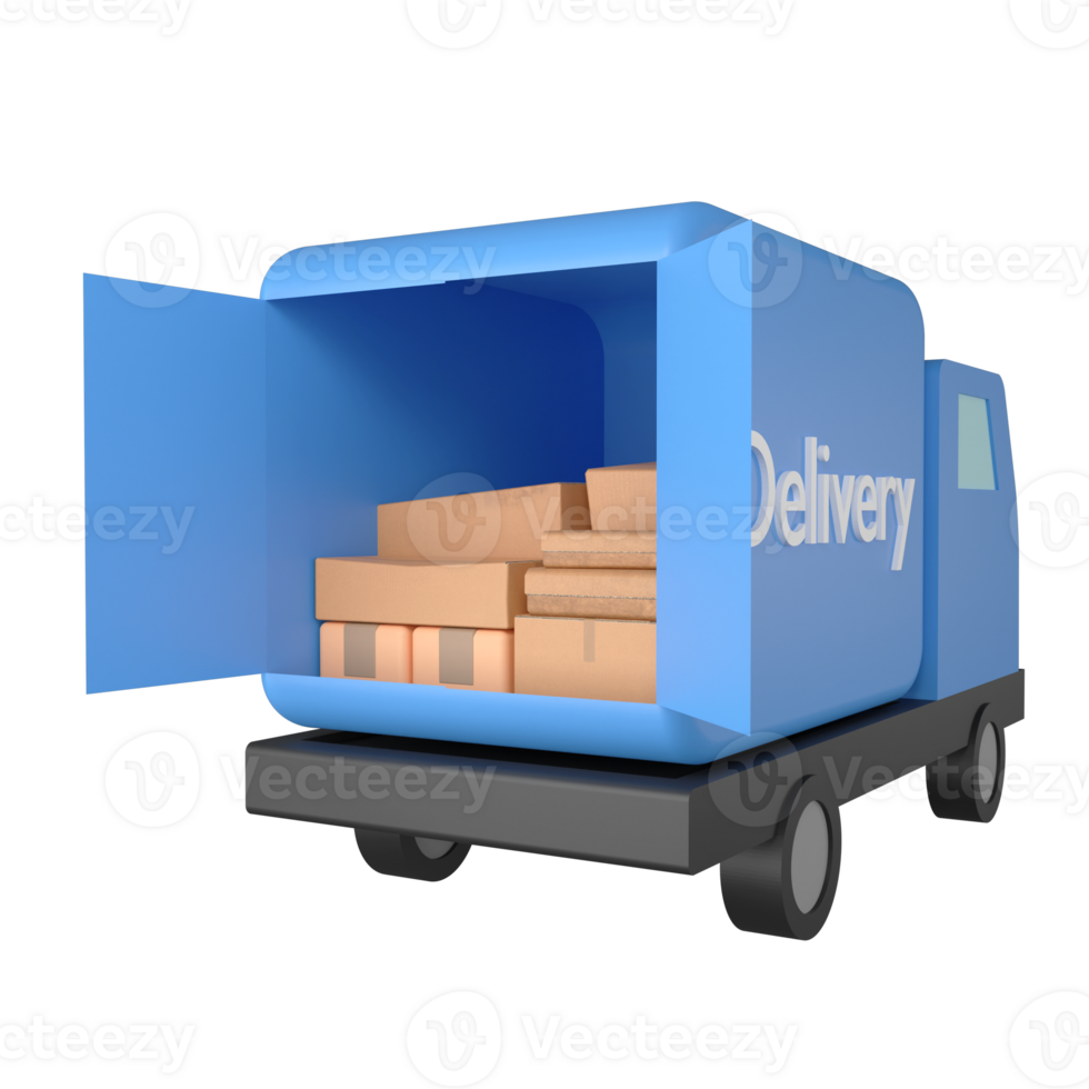 Delivery van is loading parcel box clipart flat design icon isolated on transparent background, 3D render logistic and delivery concept png