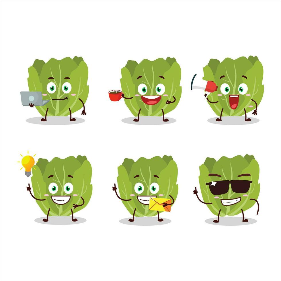 Romain letuce cartoon character with various types of business emoticons vector