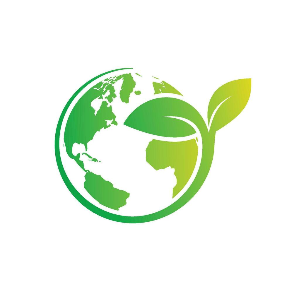 Green earth logo design with tree leaf globe vector icon design isolated white background