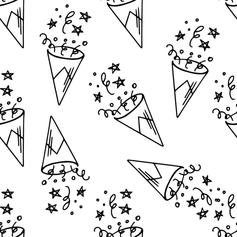 Doodle-style seamless pattern of festive firecracker with flying confetti for birthday or new year. Festive concept. Hand drawn vector outline sketch.