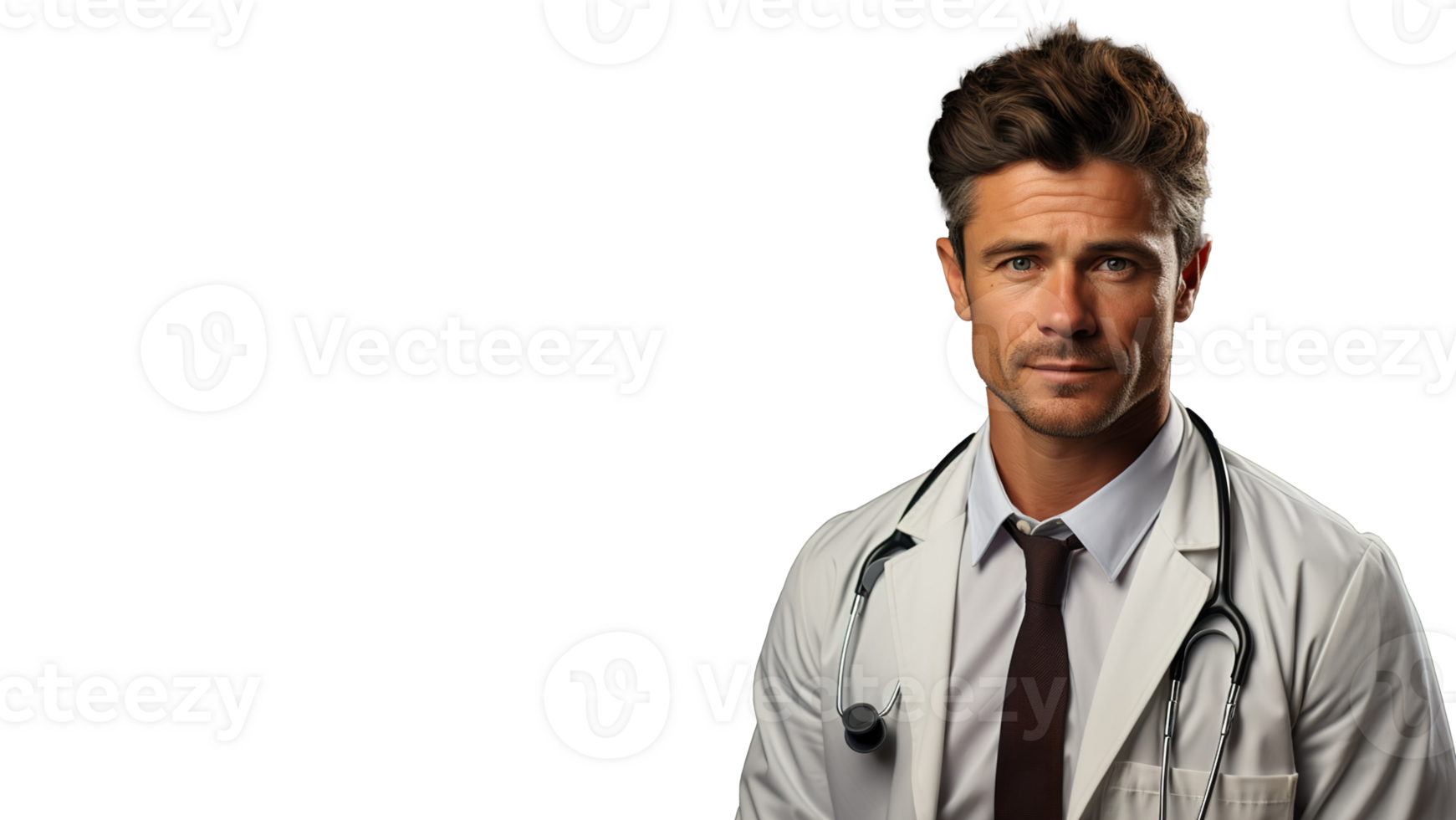 jung lächelnd männlich Arzt im Weiß Labor Mantel mit Stethoskop - - medizinisch Fachmann auf transparent Hintergrund mit Kopieren Raum, ai generativ png