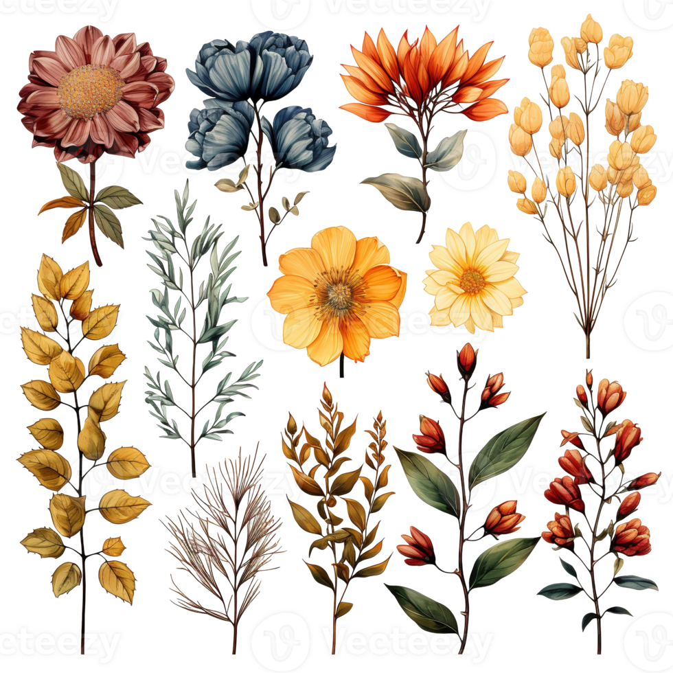 Set of watercolor autumn fall orange flowers and green leaves elements, isolated objects on a transparent background, Ai generative png