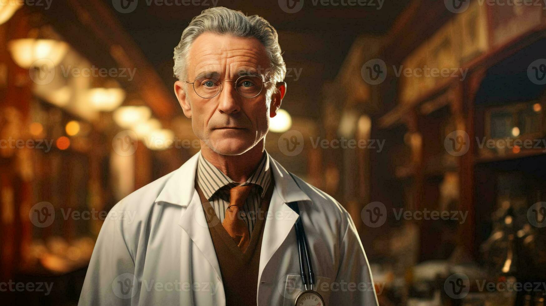 Old male doctor in a white coat in a hospital, medicine and healthcare concept photo