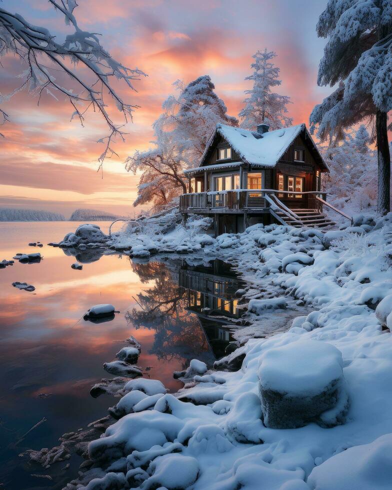 Sunset over the winter house photo