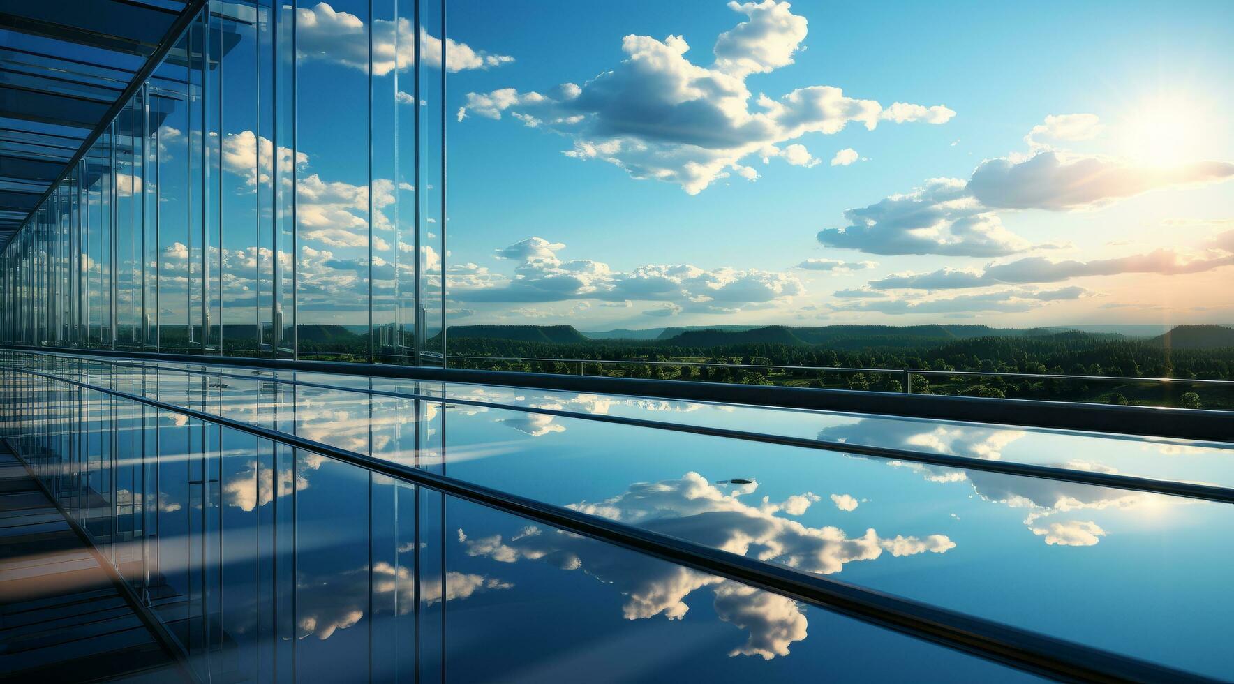 Modern glass building architecture with blue sky and clouds photo