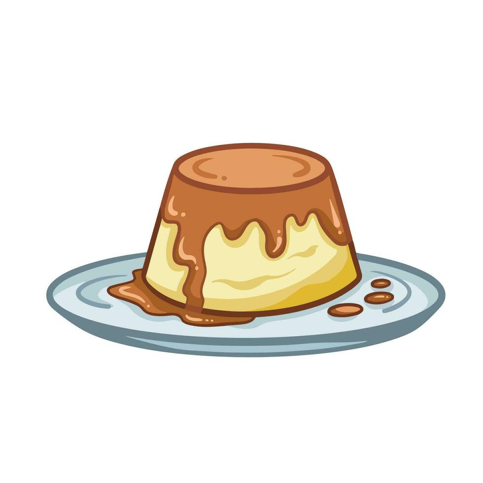 Colored outlined flan yellow pudding on top of plate with dripping brown sweet sauce or vla vector illustration isolated on square white background. Simple flat cartoon art styled food drawing.