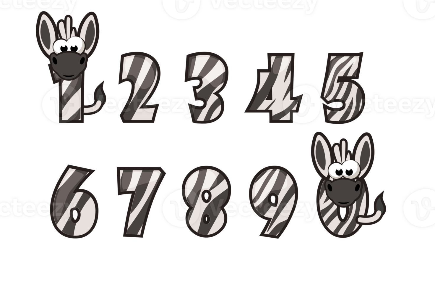 Cute zebra collection with numbering for birthday parties, kid education, ornament, element. png