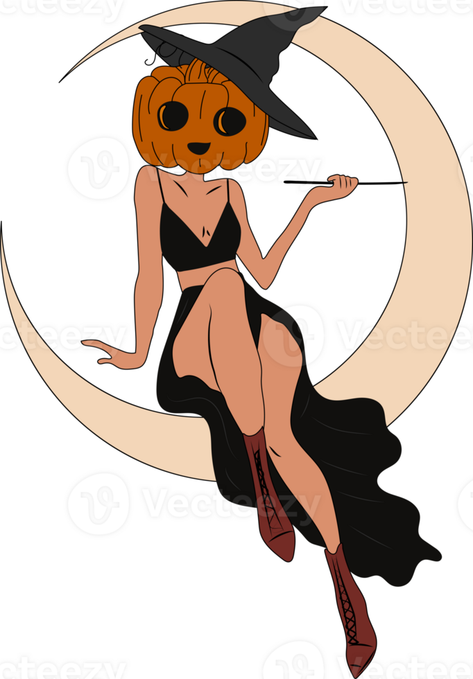 Witch in Halloween costume. Pumpkin. Cute ladies. Pin-up, retro style. png