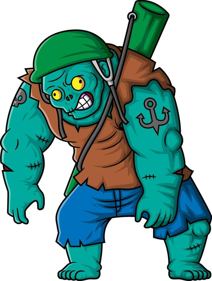 Spooky zombie soldier cartoon character on white background vector