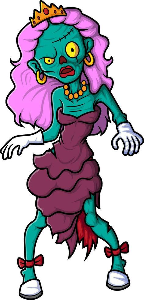 Spooky zombie queen cartoon character on white background vector
