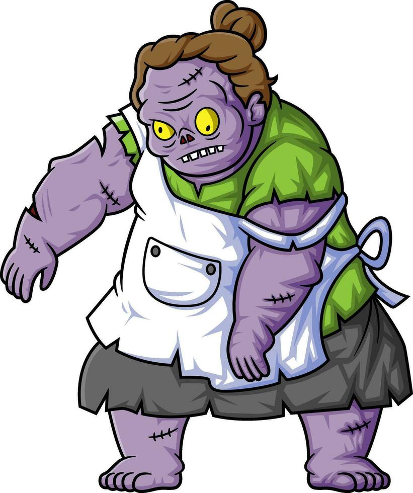 Spooky zombie housekeeper cartoon character on white background vector