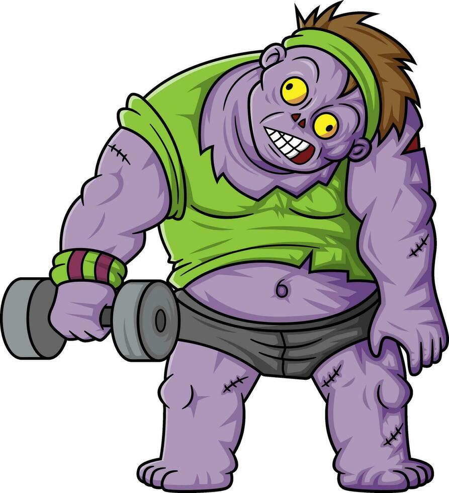 Spooky zombie gym cartoon character on white background vector