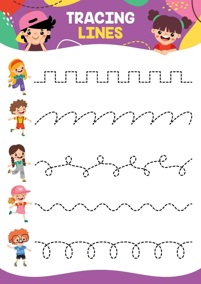 Tracing Lines Exercise Worksheet For Kids vector