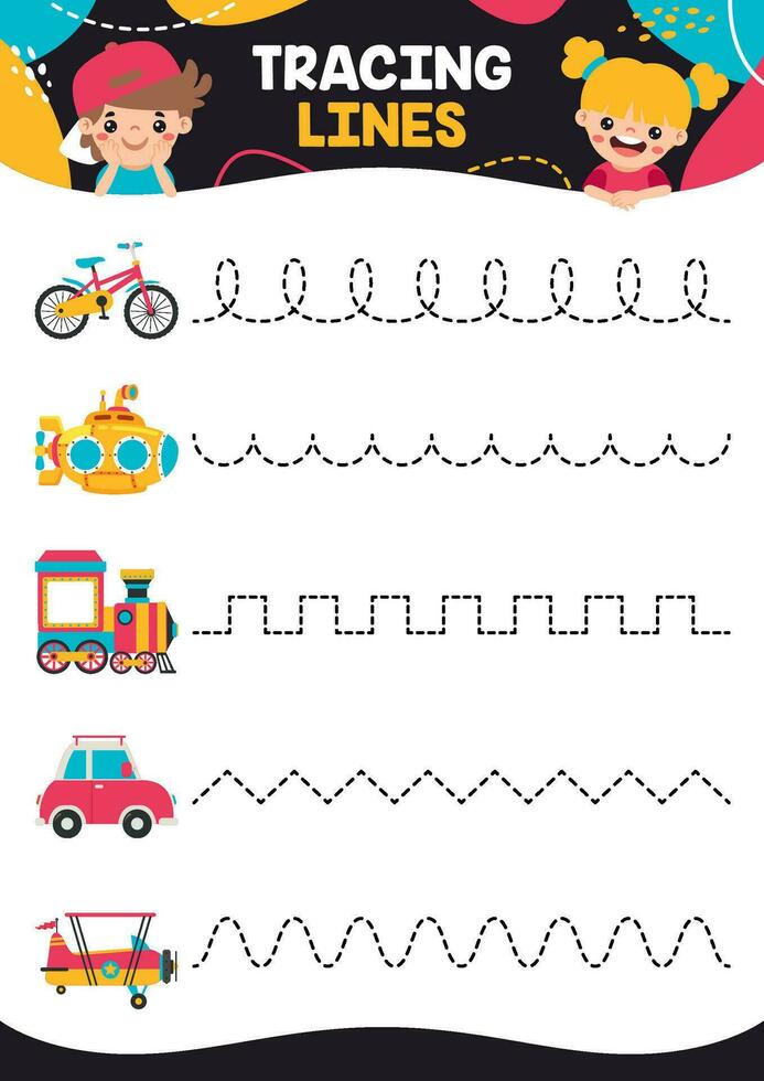 Tracing Lines Exercise Worksheet For Kids vector
