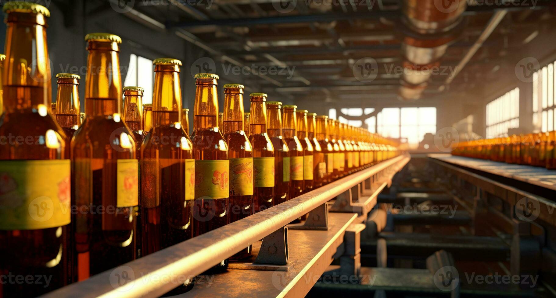 Glass bottles on a conveyor belt in a factory. Beer packaging shop. AI generated photo