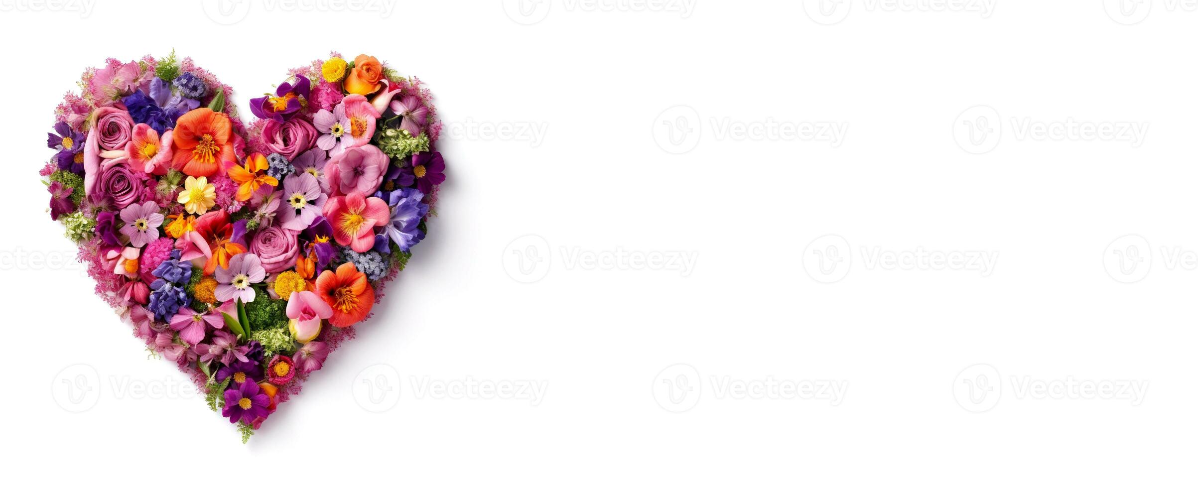 Beautiful flowers in heart shape isolated on white. Flower heart on a white background. Exquisite bouquet for a girl in the shape of a heart. AI Generated photo