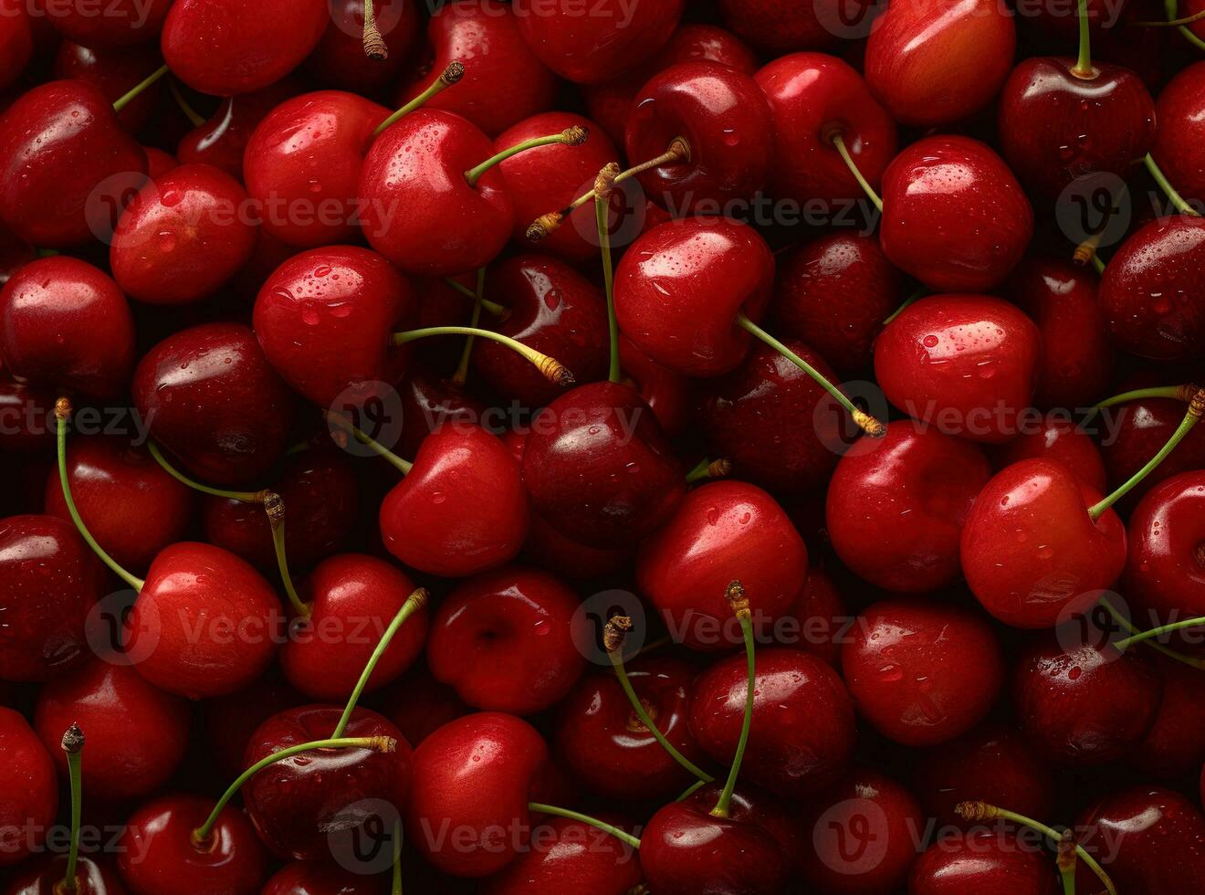 Cherry background. Wet cherry with drops. AI generated photo