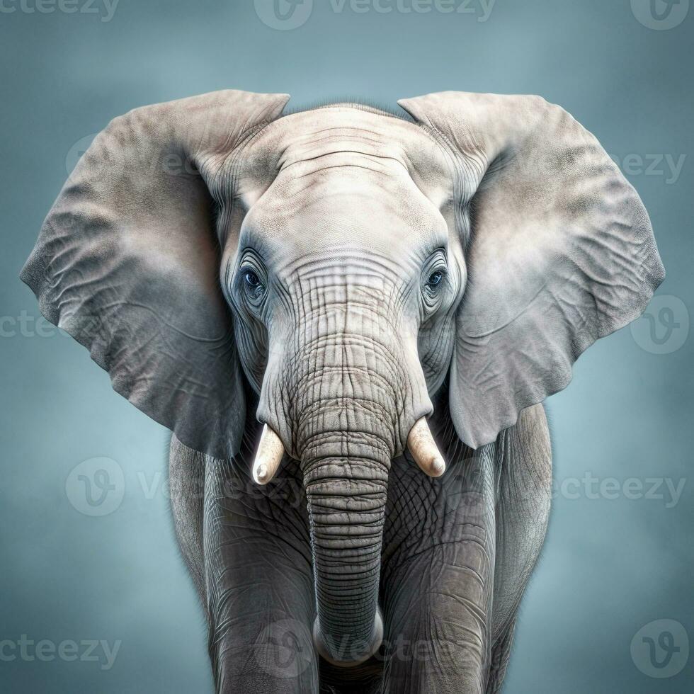 Portrait of an elephant on a blue background. African animal. Generative AI photo