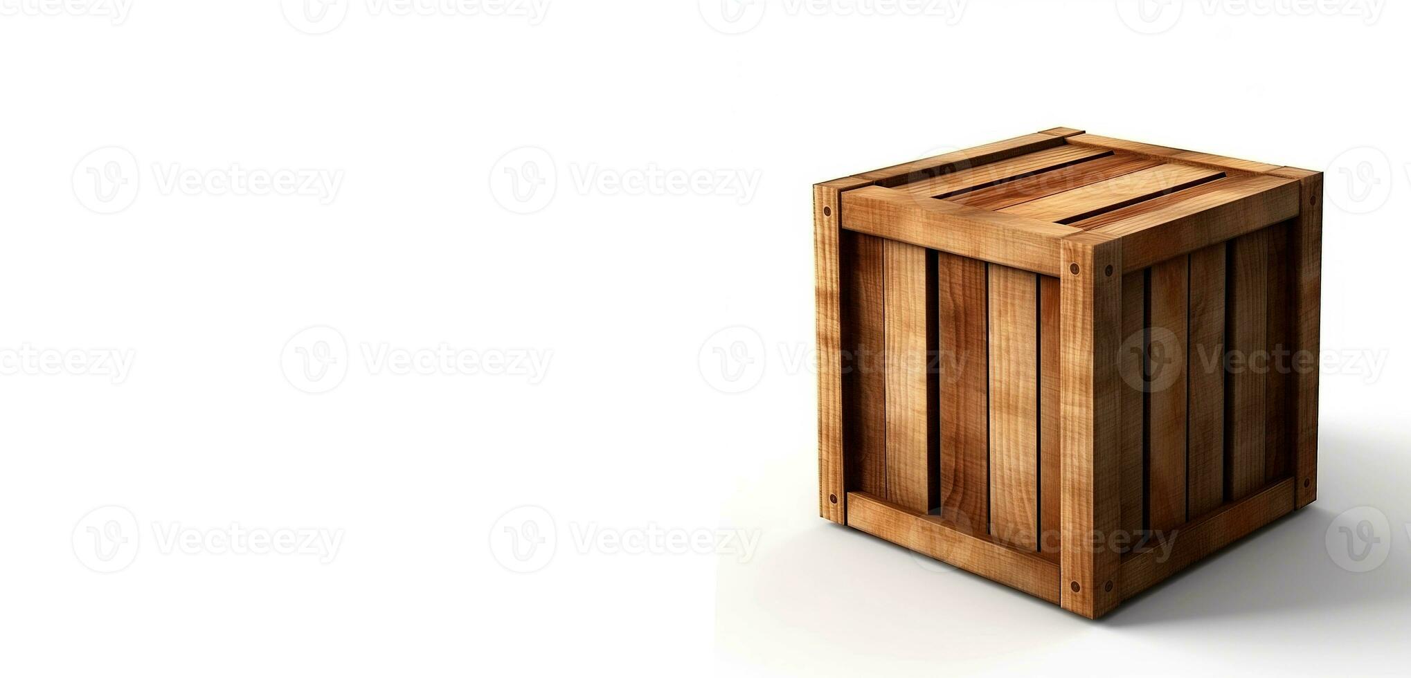 Wooden container on a white background with space for text. Regular wooden cube. AI generated photo