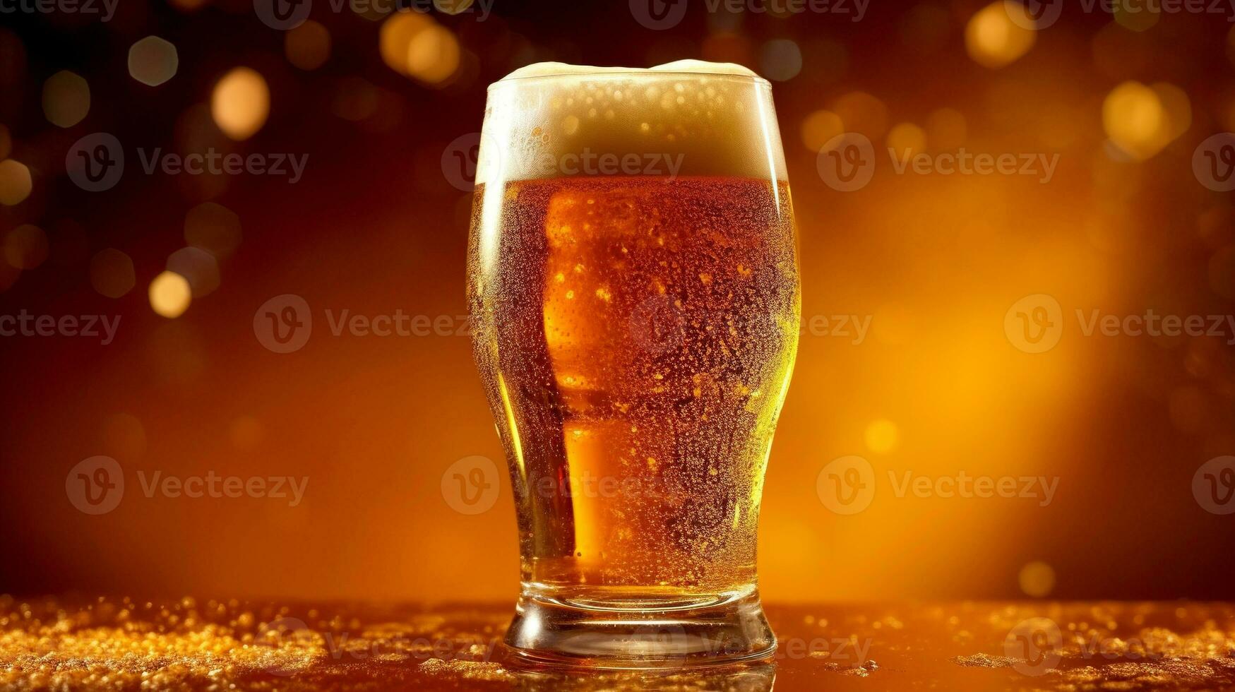Glass of light beer with foam on a golden background. Beer in bar and free space for your text. Glass of light beer with foam on a golden background. AI Generated photo