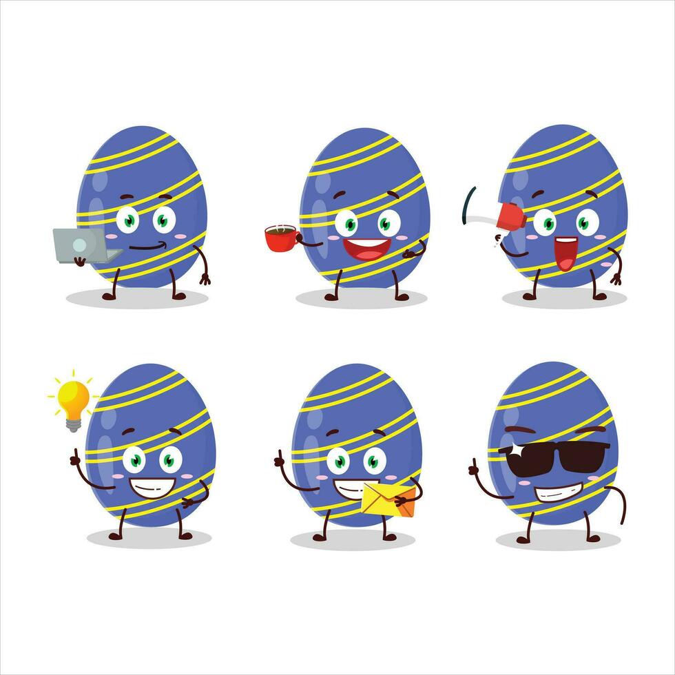 Blue easter egg cartoon character with various types of business emoticons vector