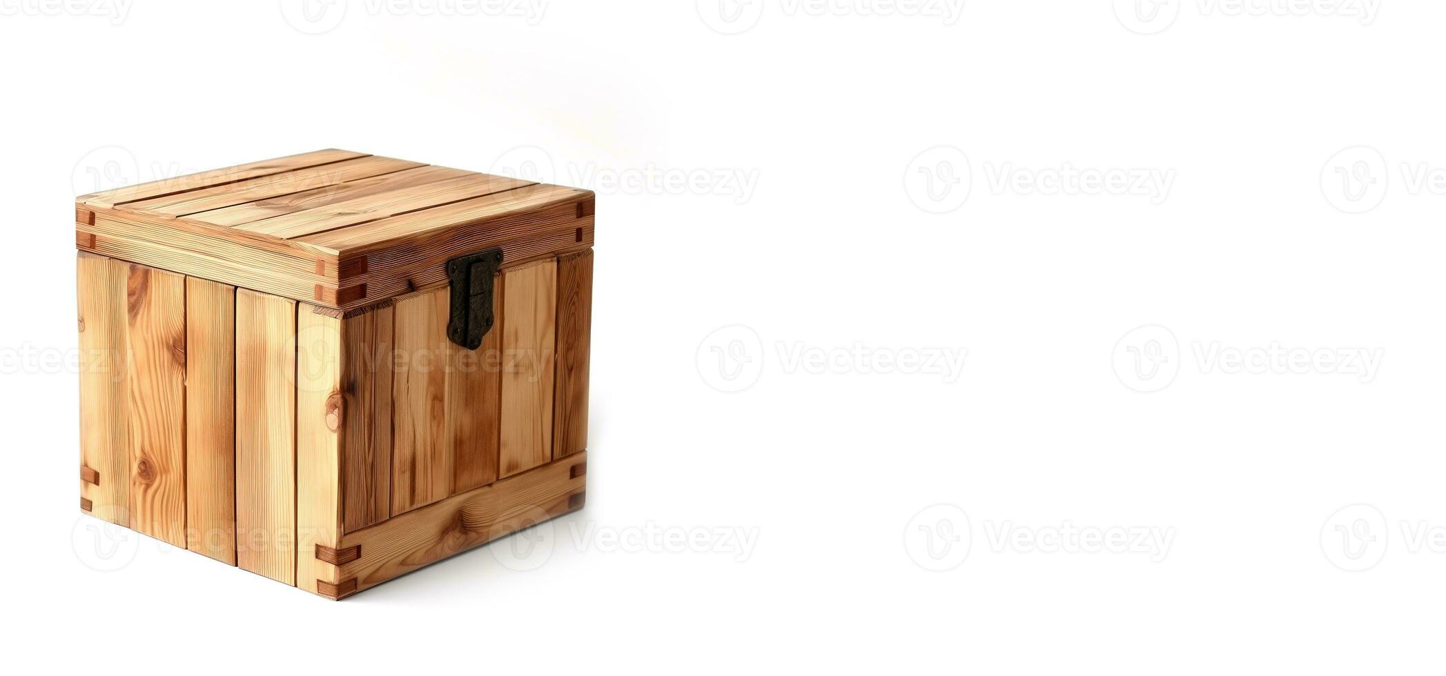 elegante de madera caja en un blanco horizontal antecedentes con espacio para texto. diseño para el bandera de un carpintería compañía, mueble taller. ai generado foto