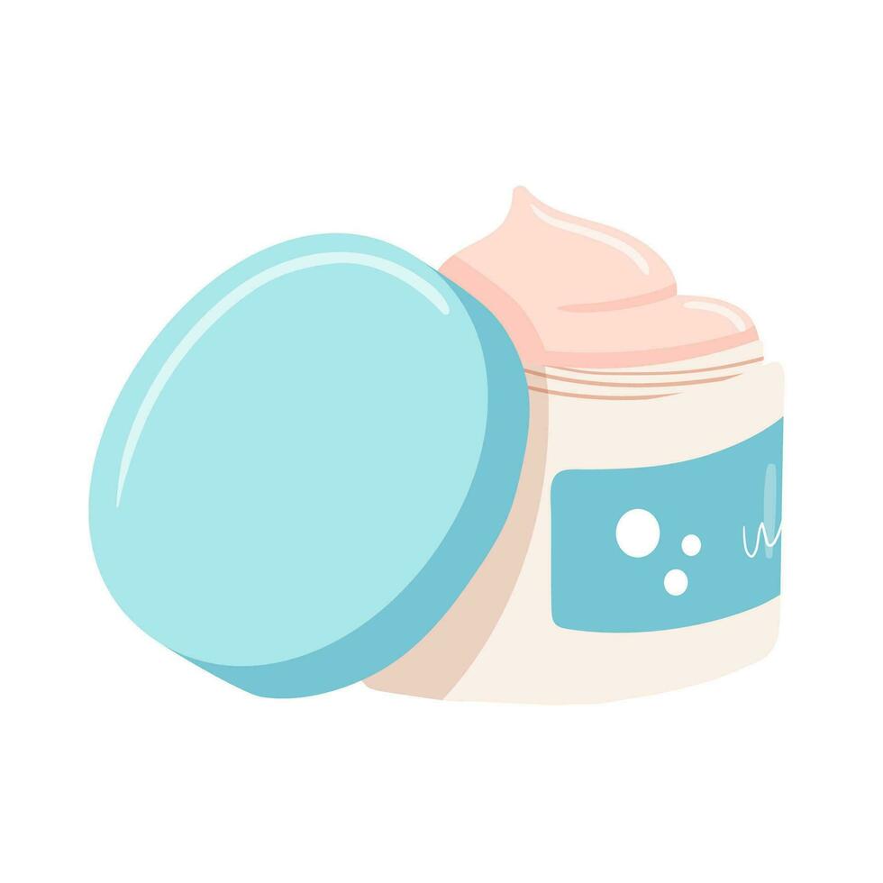 Skin care product, open jar of face cream. Flat cartoon cosmetic color hand drawn doodle illustration vector
