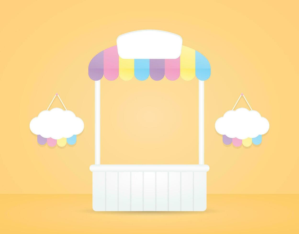 cute kawaii white kiosk with colorful pastel awning and cloud hanging sign 3d illustration vector