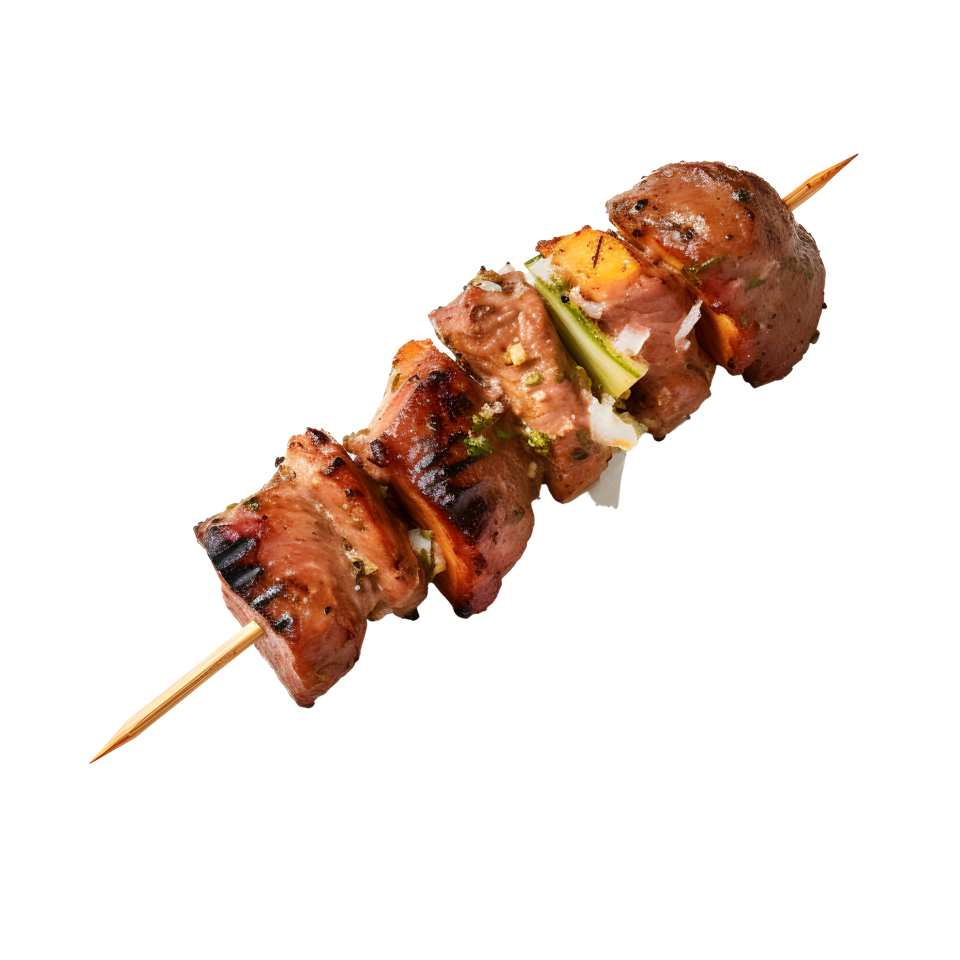Kebab skewer with meat and vegetables isolated on transparent