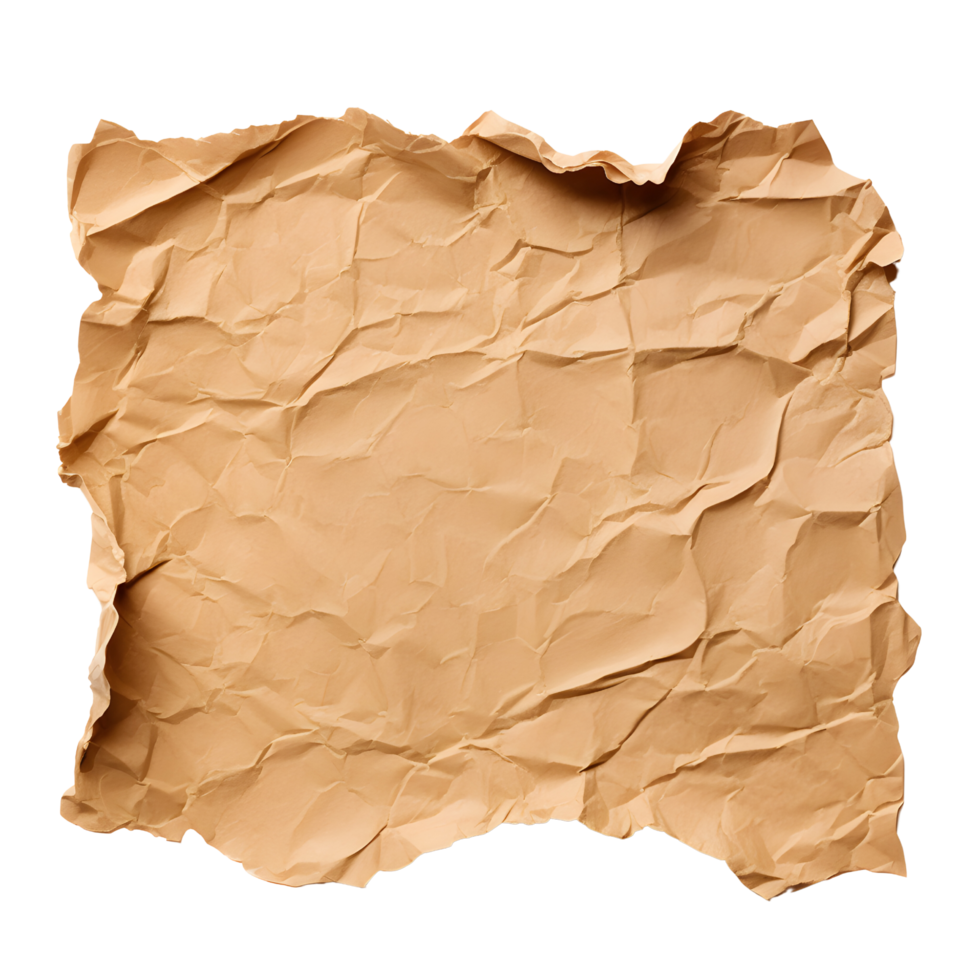 Single piece of crumpled ripped blank brown cardboard paper with texture Isolated on Transparent Background. Generative AI png