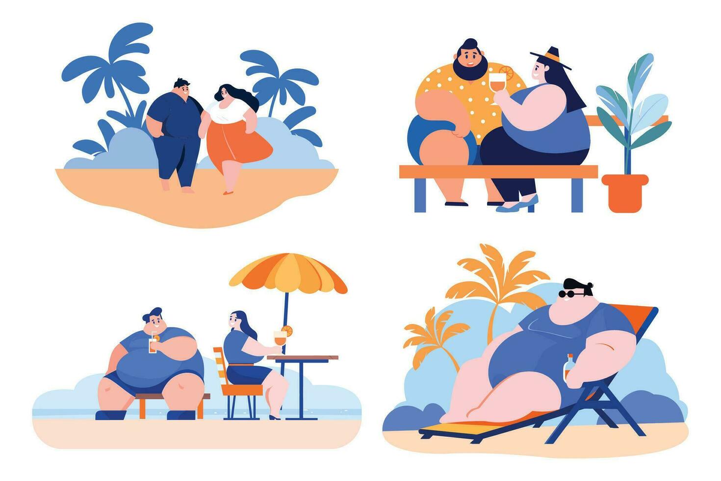 Hand Drawn overweight Tourists relaxing by the sea on vacation in flat style vector