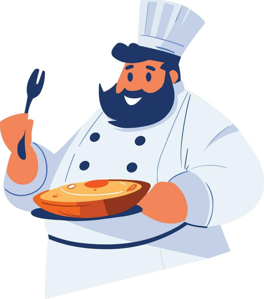 Hand Drawn Overweight chef cooking in the kitchen in flat style vector