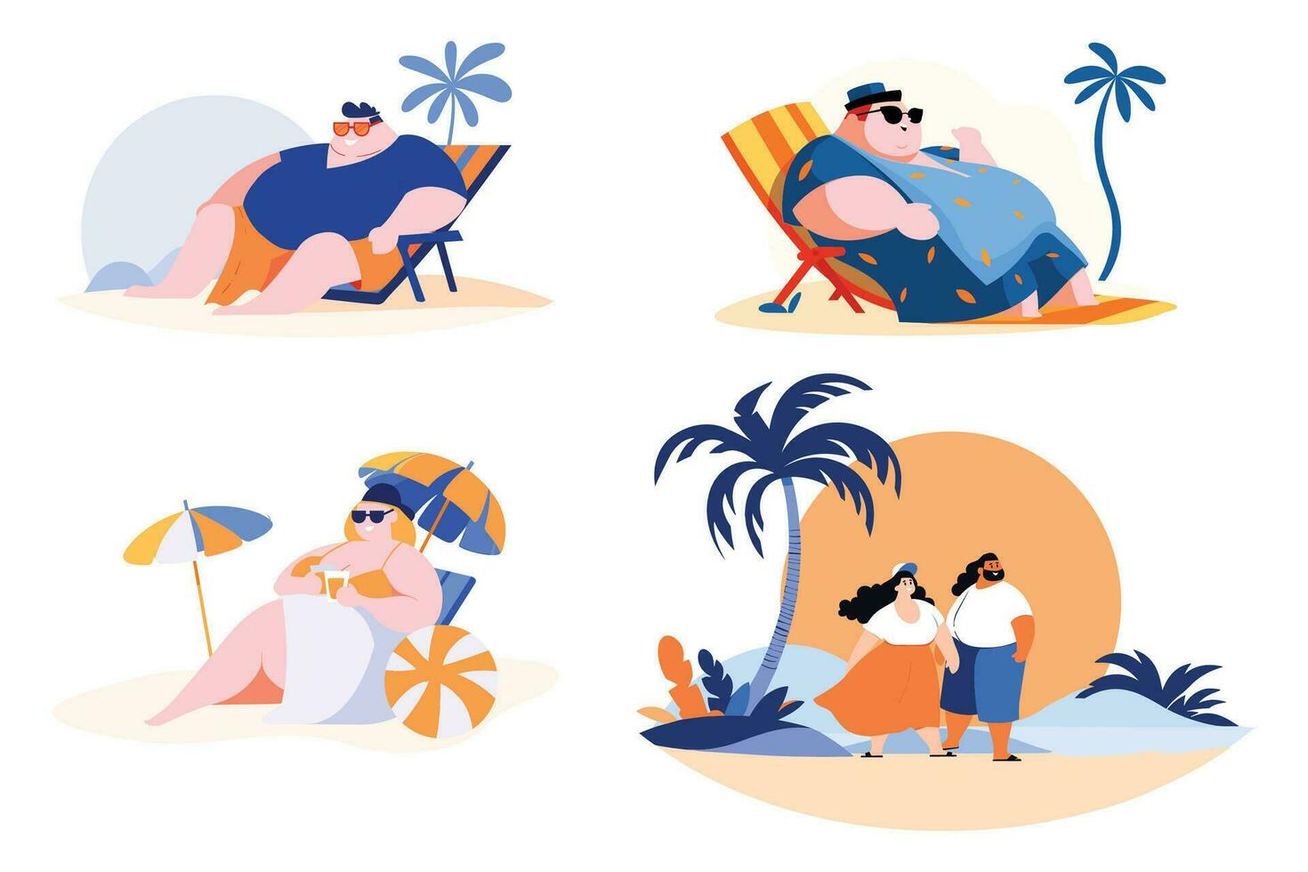 Hand Drawn overweight Tourists relaxing by the sea on vacation in flat style vector