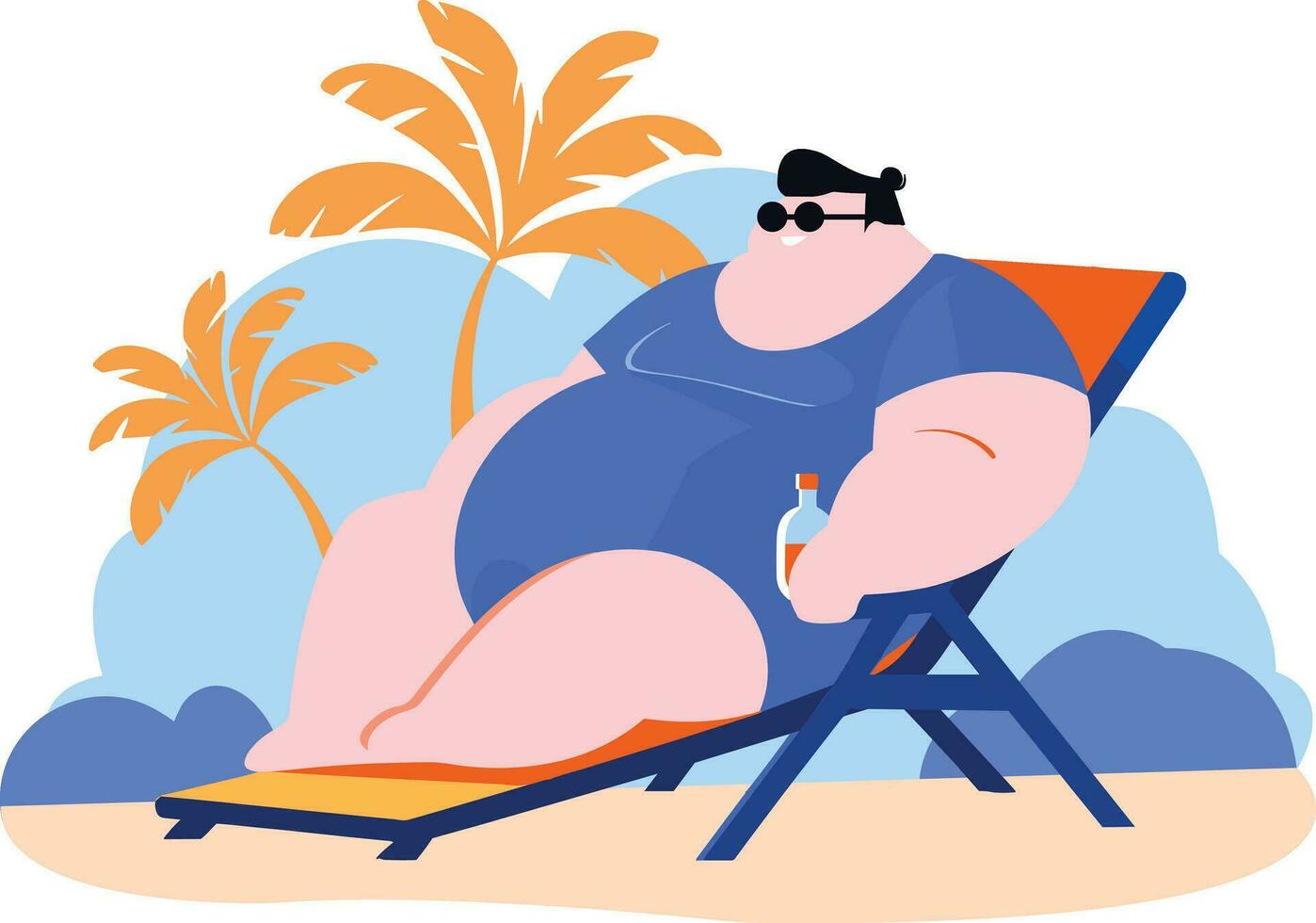 Hand Drawn overweight Tourists relaxing by the sea on vacation in flat style vector