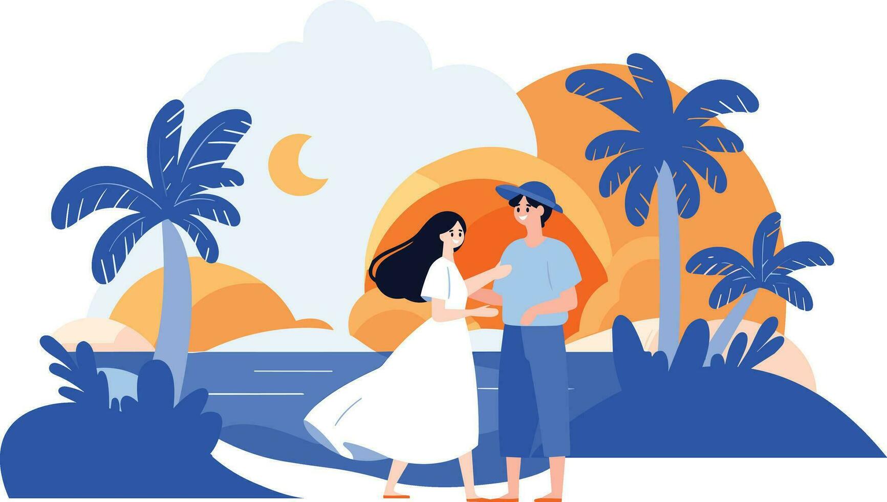 Hand Drawn Tourists relaxing by the sea on vacation in flat style vector