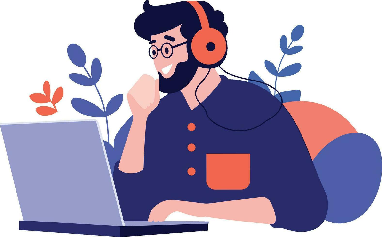 Hand Drawn Office worker with headphones in concept Support Center in flat style vector