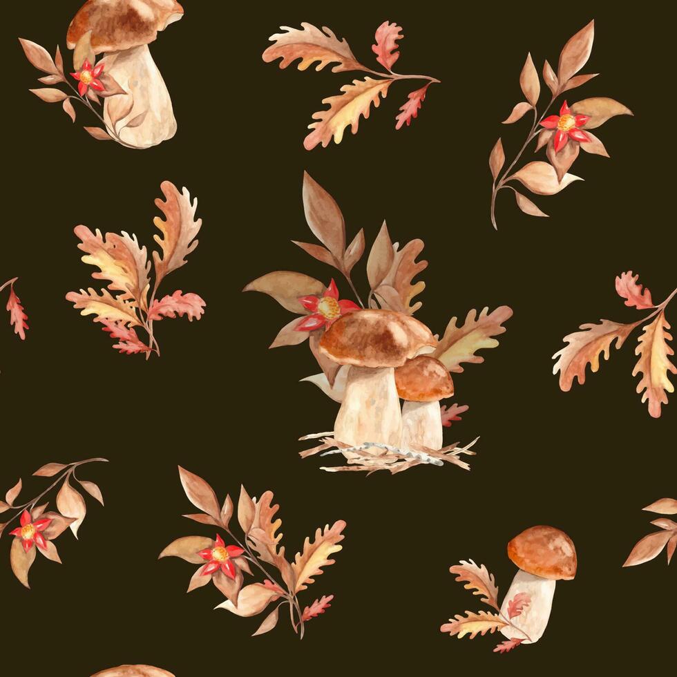 Seamless watercolor pattern with porcini mushrooms, oak leaves and branch with red flower on black background. Botanical summer hand drawn illustration. Can be used for gift wrapping paper vector