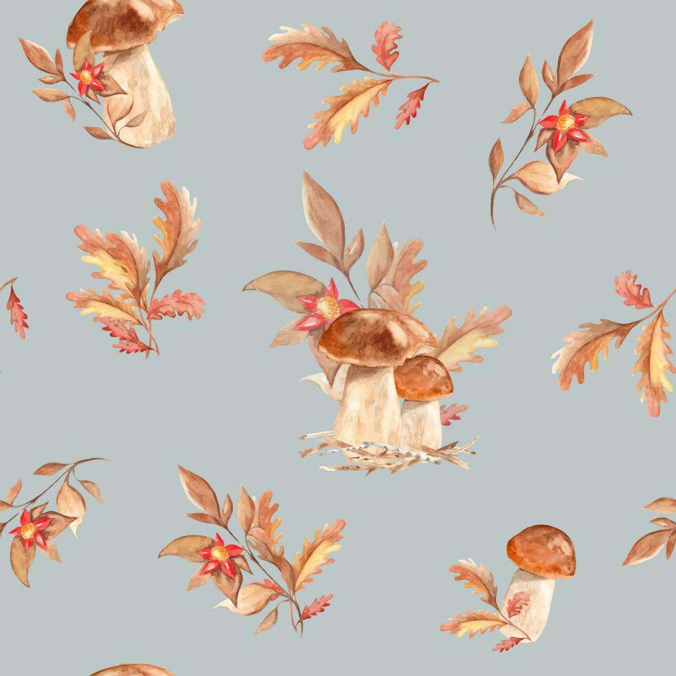 Seamless watercolor pattern with porcini mushrooms, oak leaves and branch with red flower on grey background. Botanical summer hand drawn illustration. Can be used for gift wrapping paper, textile vector