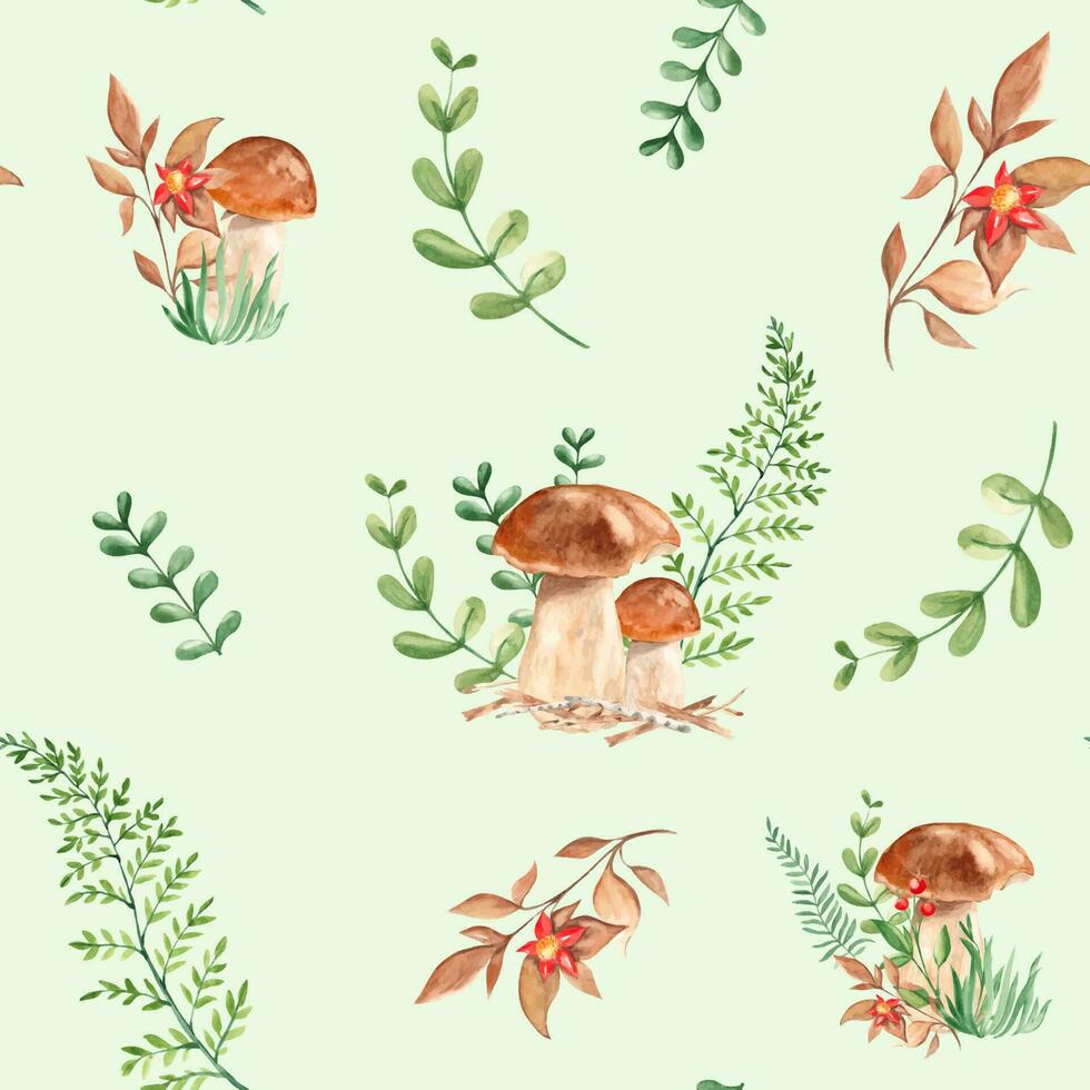 Seamless watercolor pattern with porcini mushrooms, fern, green branches and red flower on green background. Botanical summer hand drawn illustration. Can be used for gift wrapping paper vector