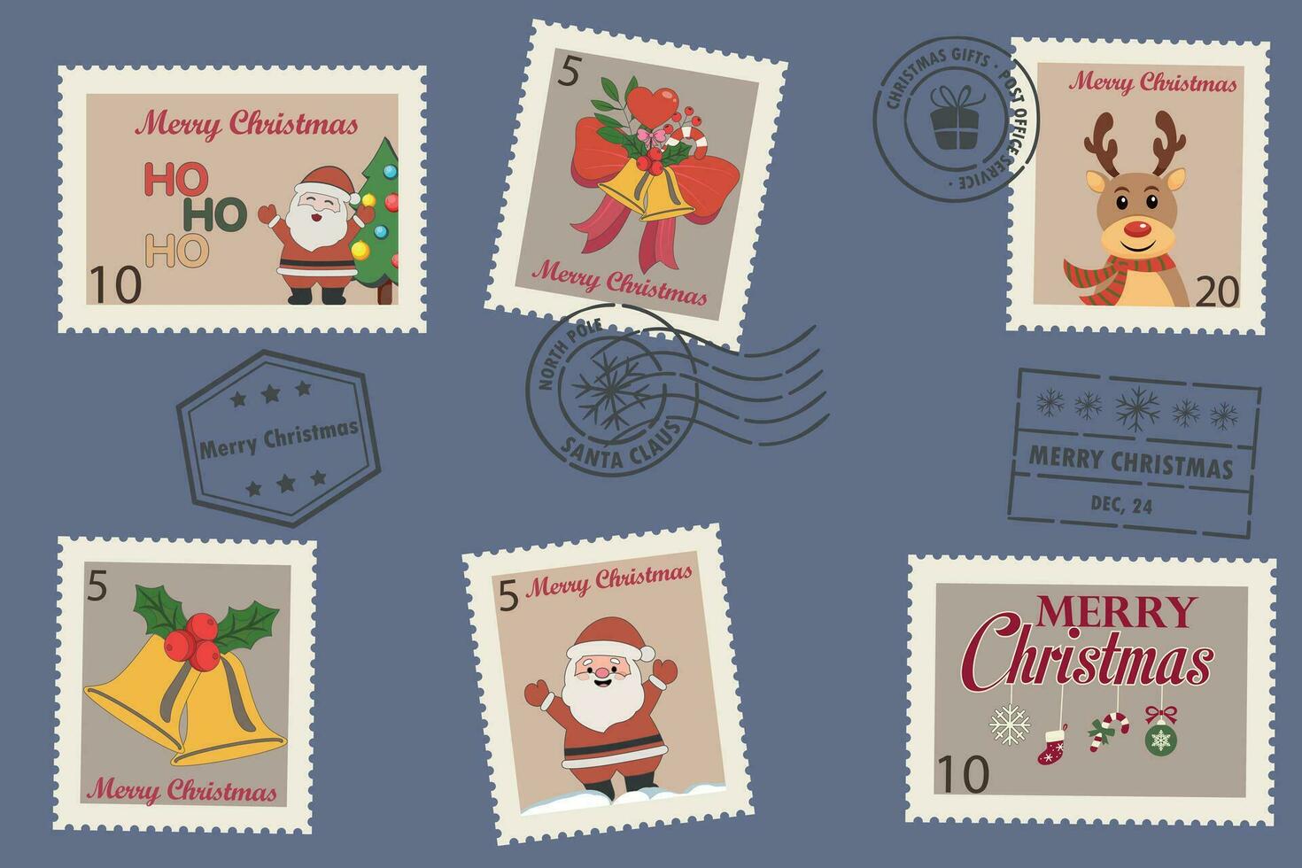 Christmas Postage stamps set with retro cartoon characters and elements. Merry Christmas and Happy New year in trendy groovy hippie style. vector