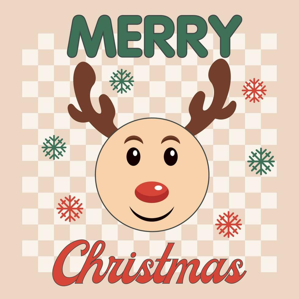 A phrase of Merry Christmas and a festive quote in a groovy retro style with a cute 1970s reindeer Rudolph on a checkered background. Vector illustration.