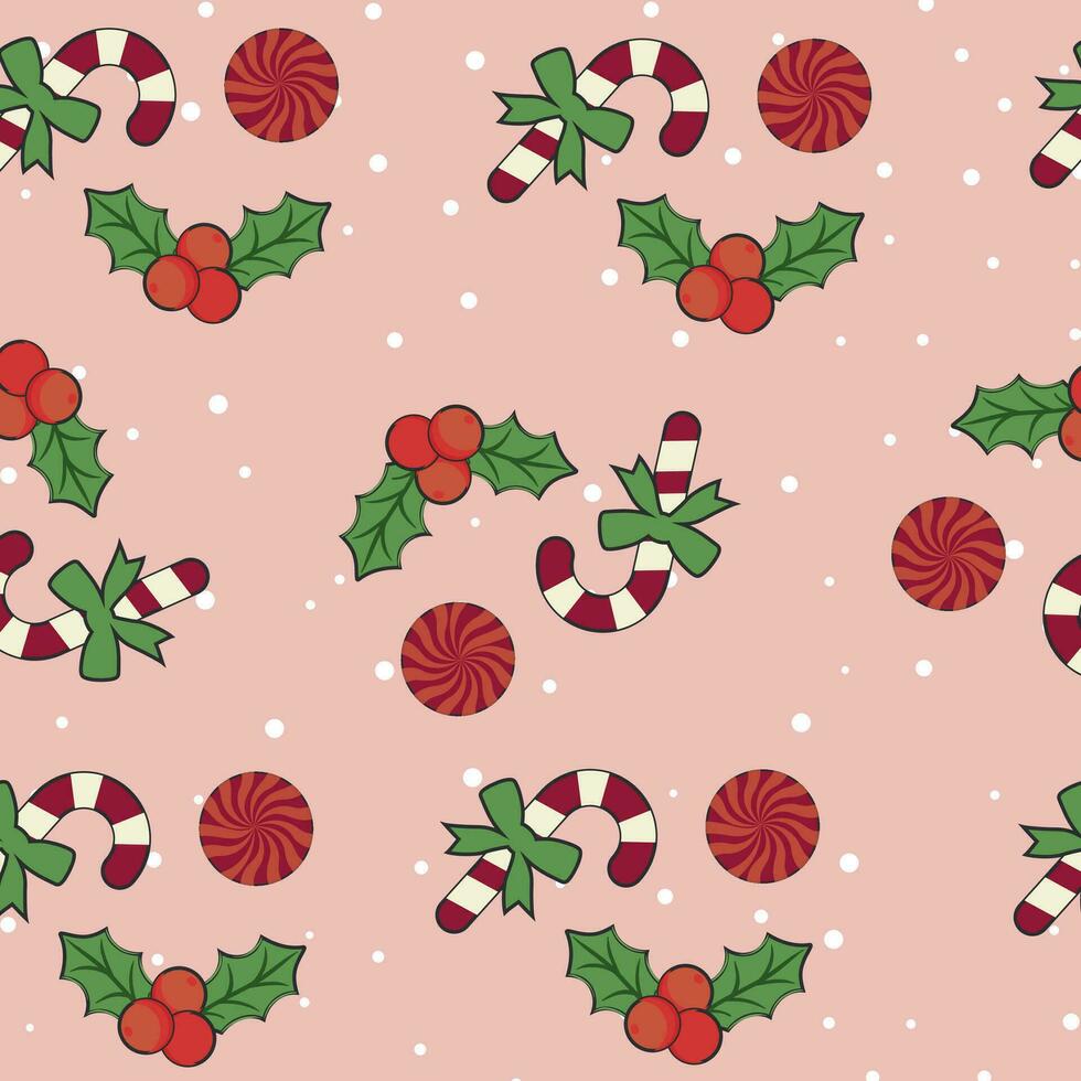 Retro 60s 70s Christmas sweets candy cane lollipop mistletoe snowflake vector seamless pattern. Hippie Groovy Vintage Xmas sweetmeat background for holiday festive season wrapping paper.