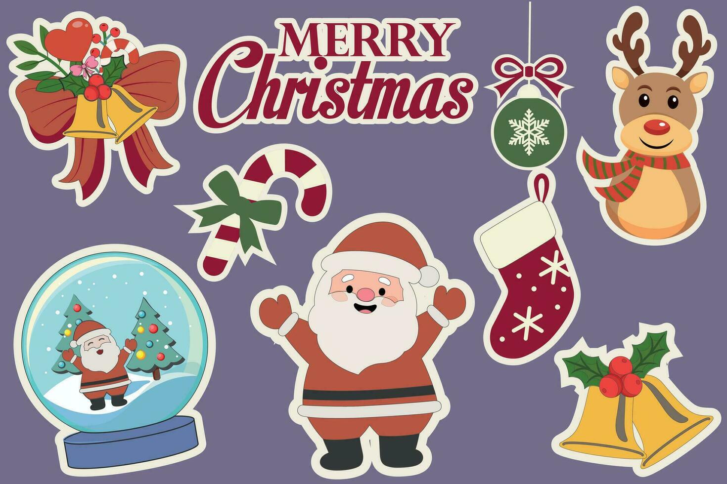 Vintage 80s-90s set of Christmas icons stickers. Celebration event for Merry Christmas and New Year. Vector clipart illustration on color background