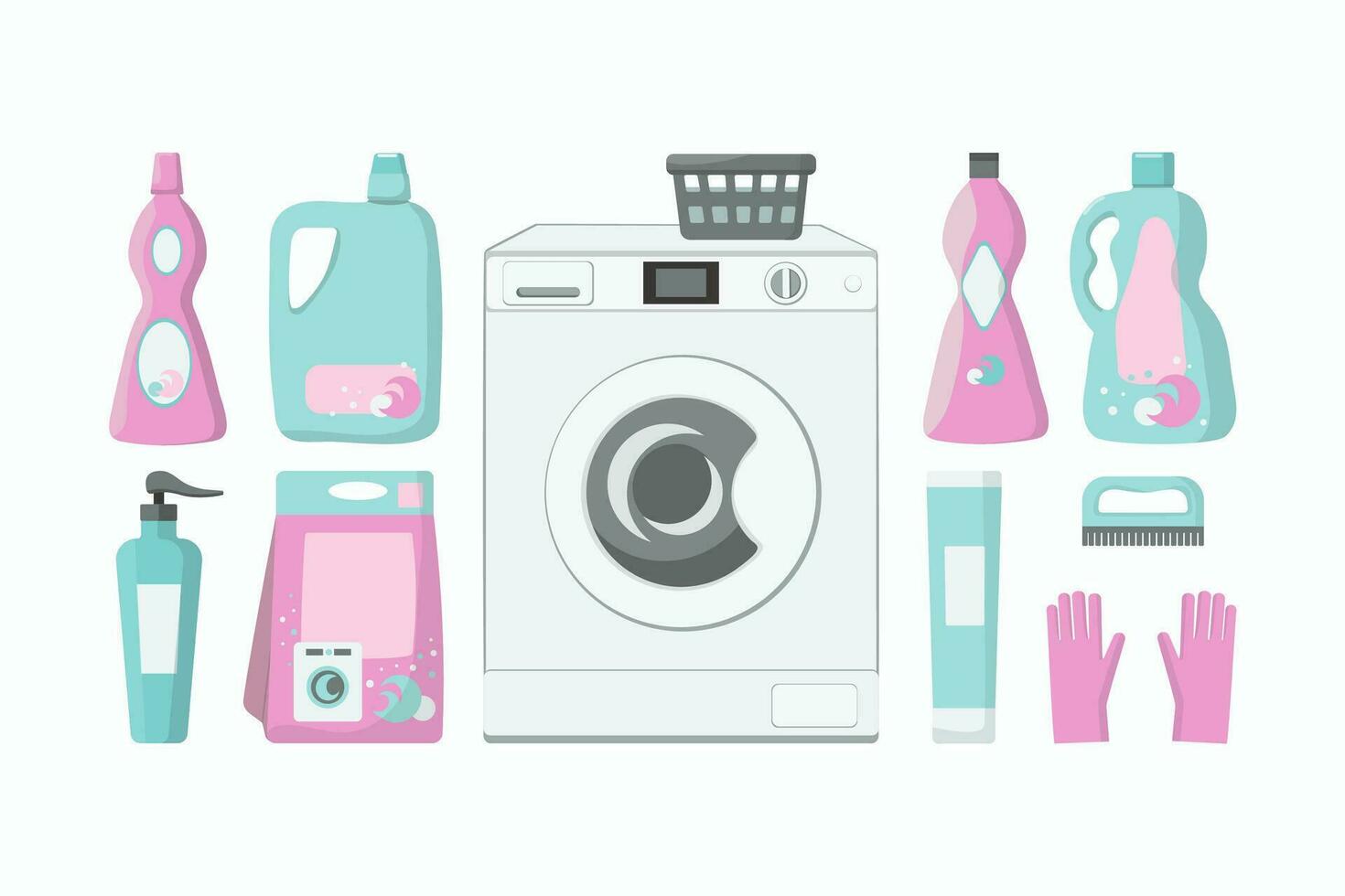 Laundry of household linen and cleaning products. Washing machine. Set Packages and bottles with household chemicals. Homework. Vector graphics, background isolated.