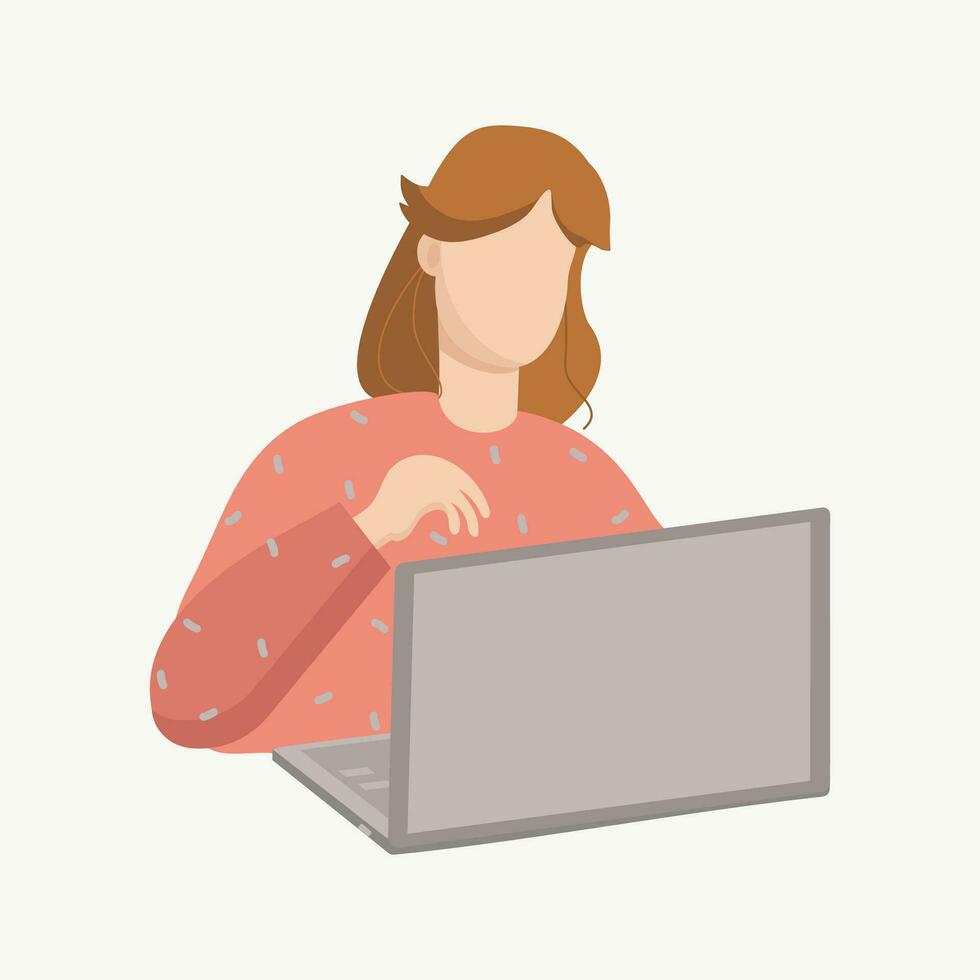 Young woman  with laptop. Modern workplace with open laptop on office table Young woman working on a laptop computer Vector illustration, background isolated.
