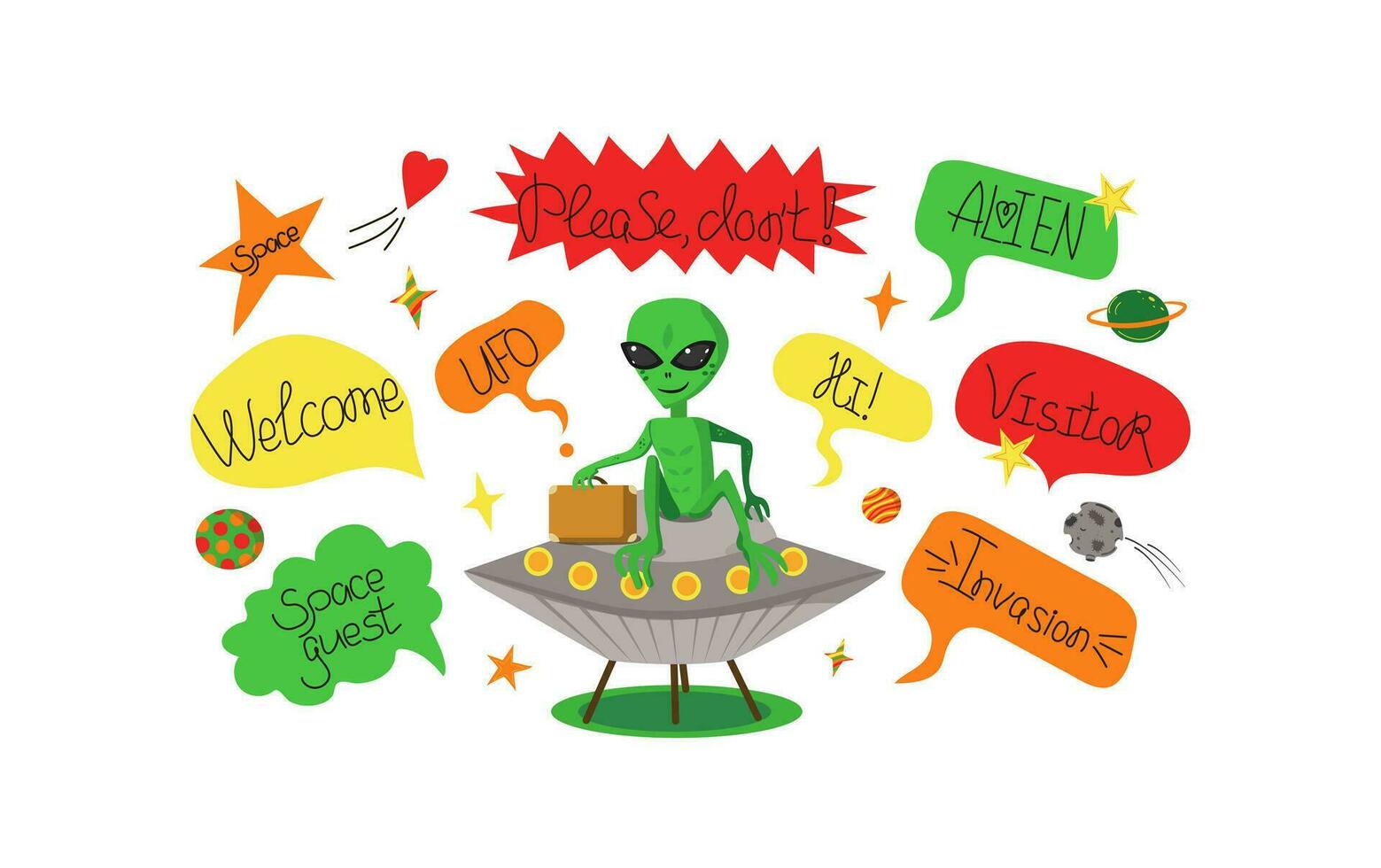 vector conjunto de espacio elementos. OVNI, extraterrestre, astronave, cometa, planetas, estrellas, espacio, asteroide, bólido. cómic dibujos animados ilustraciones aislado en blanco. conceptos para niños impresión.